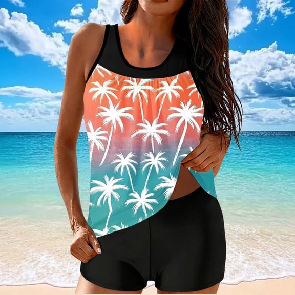 Kakii Women's Palm Print Tankini Set - Halter Neck Bralette Top with Black Trim & Matching Swim Shorts