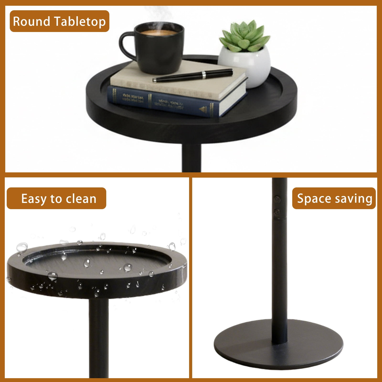 ManyFun Drink Table, Small Pedestal Side Table, Round Cocktail Table, Circle End Table with Metal Base, for Small Spaces, Walnut Brown & Black