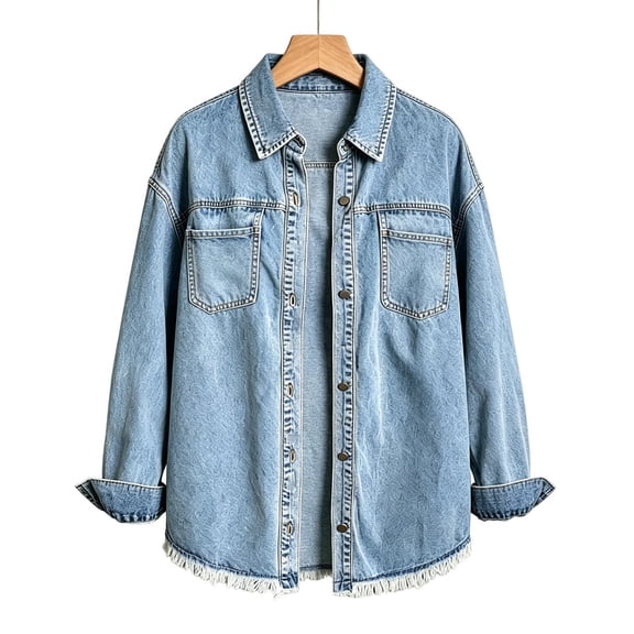 ClodeEU Women's Fringe Trim Hem Denim Shacket,Oversized Long Sleeve Button Down Jean Shirt Jacket ,Women's Plus L