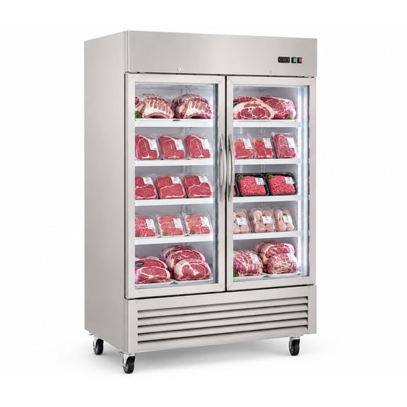 54 in. W 47 cu. ft. Stainless Steel Two Glass Door Commercial Refrigerator Reach-In Merchandiser Cooler
