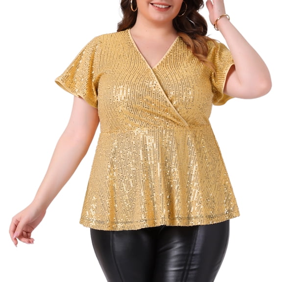 DARING DIVA Women's Plus Sequin V Neck Faux Wrap Metallic Shirt 1X Gold