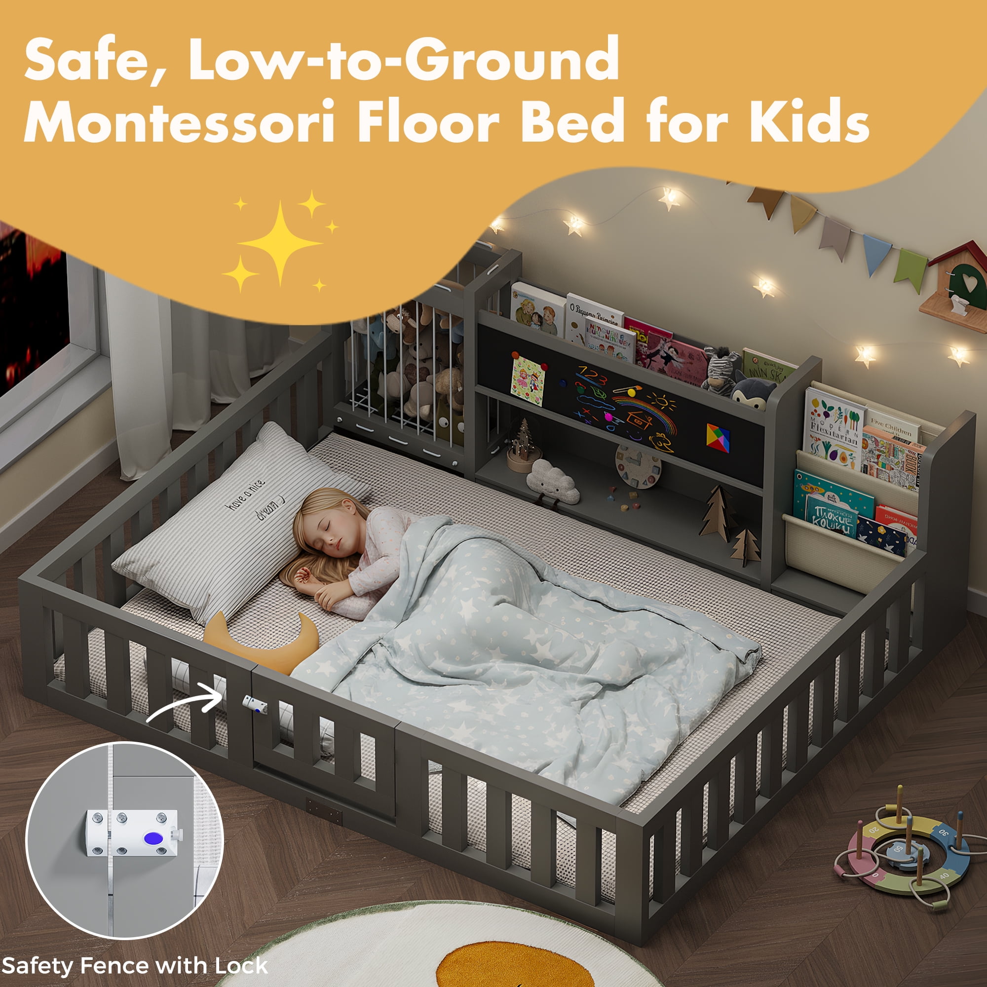 Advwin Full Floor Bed with  Gate, Safety Rails, Blackboard, Bookshelf & Toy Storage, Sturdy Wooden Platform Bed Frame, Gray