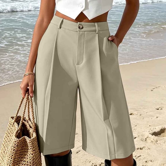 Sokhug Womens Bermuda Shorts High Waist Wide Leg Pants Pleated Button Zipper Closure Summer Trousers with Pockets