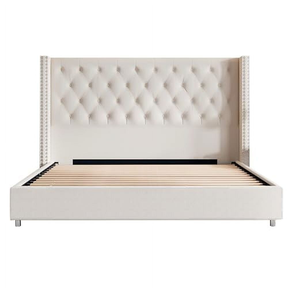 VanAcc King Bed Frame Upholstered Bed Wingback Headboard Velvet Tufted Diamond Button/No Box Spring Needed/Easy Assembly/Cream