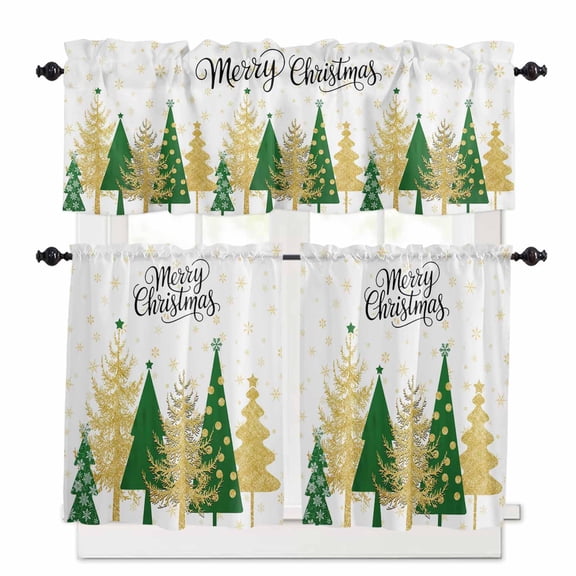Merry Christmas Curtain Valances Set Pine Tree Leaves White Kitchen Curtains 36 inch Length Rod Pocket Valance and Tiers 3 Piece Set Small Bedroom Bathroom Laundry Decor
