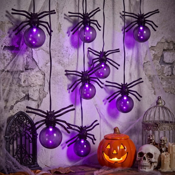 Mylorn Halloween Large Spider String Lights, 16FT 15 LED Purple Fairy Lights, Battery Operated with Timer, Spooky Decor for Indoor Outdoor, Home, Window, Fireplace Mantle