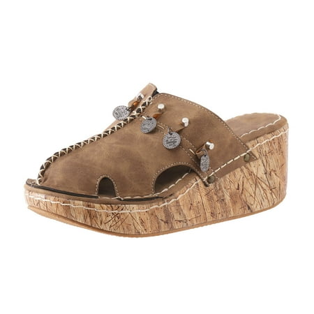 

Sandals Women Thick Soled Slope Heel Breathable Shoes Pu Khaki 41