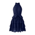 thumbnail image 5 of Women's Casual Halter Zipped Sleeveless Solid Color Dress Layered Ruffle A Line Mini Dress with Drawstring Navy, 5 of 8