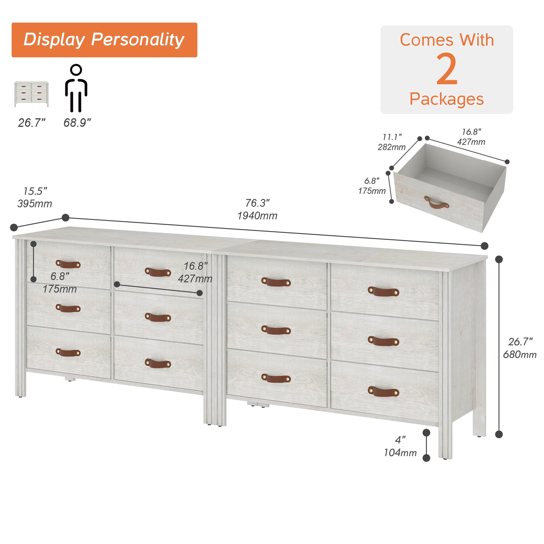 2 PCS White Dresser for Bedroom, Large Wooden Dresser with 12 Drawers, Classic Storage Cabinet for Living Room