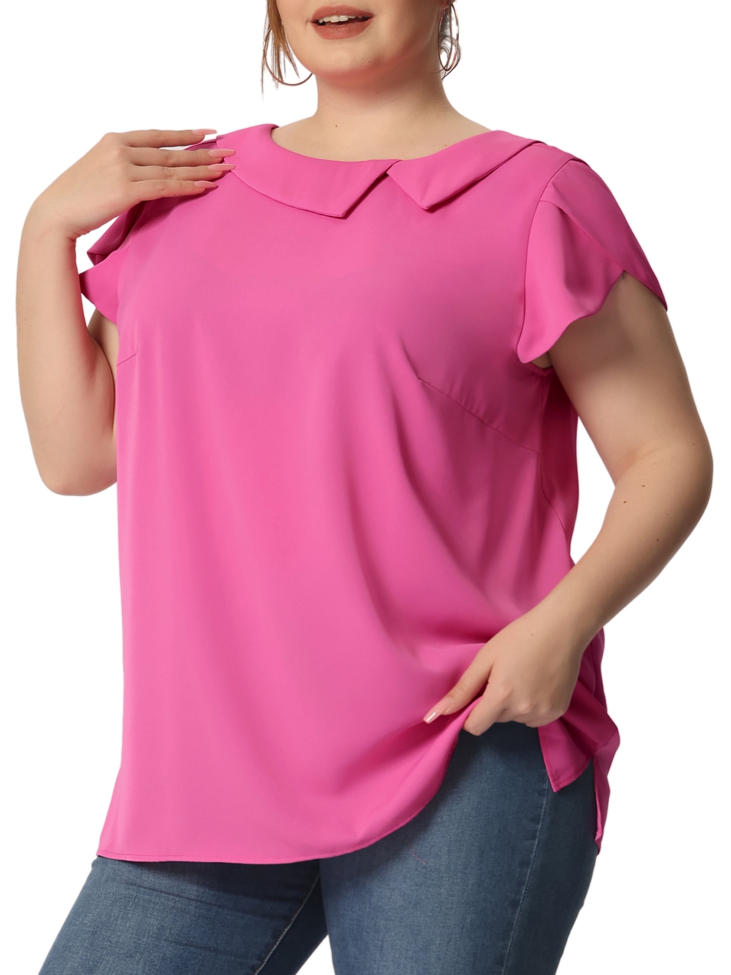 Unique Bargains Women's Plus Size Boat Neck Flutter Sleeve Chiffon Solid Top