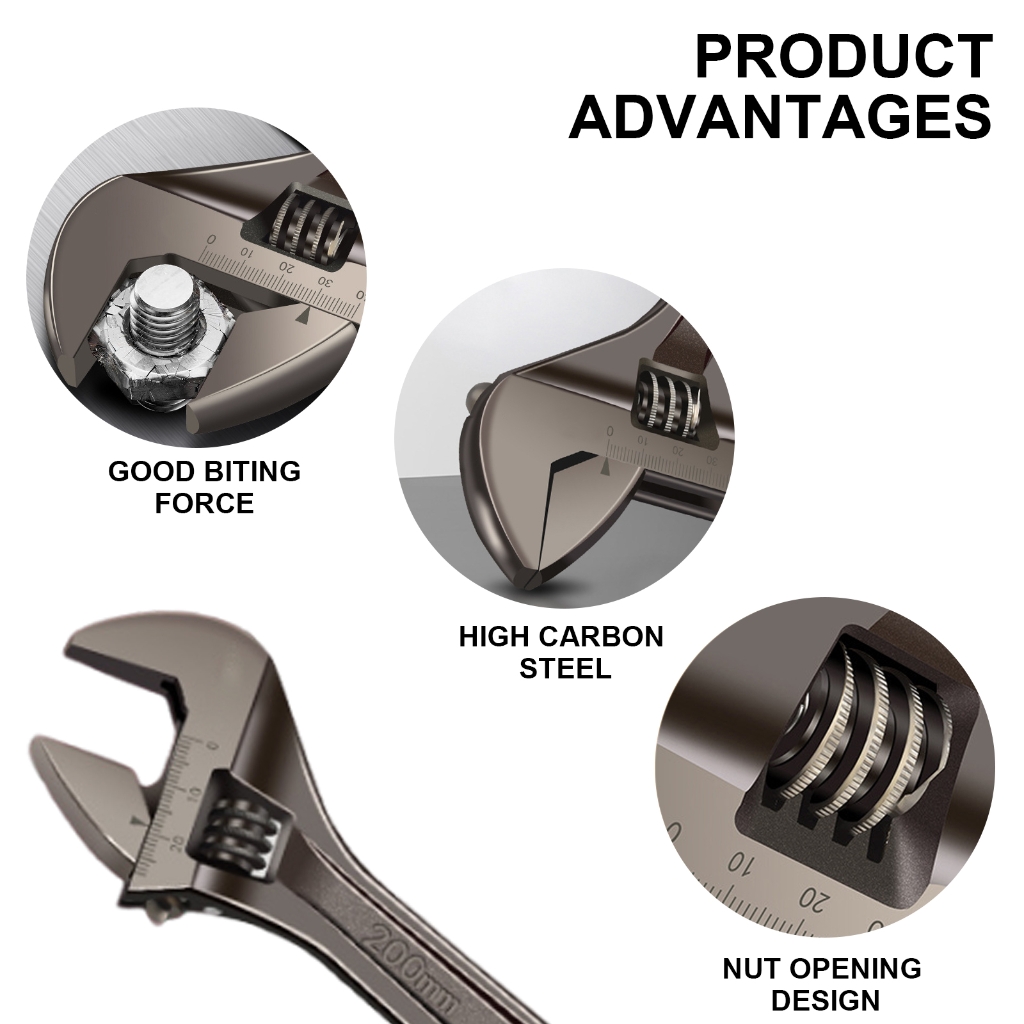 8-18inch Adjustable Wrench Wide Jaw Opening Jaw Designs Grips Measurement Scales Engraved on the Tool