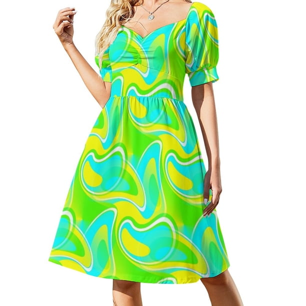 Vestido de manga corta con estampado abstracto de cachemira moderno de los años 60 en verde, azul y amarillo. Vestidos de lujo.