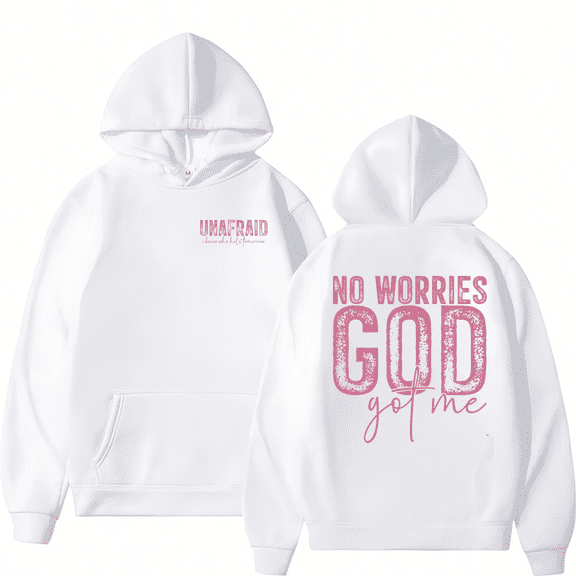 Women No Worries God Got Me Graphic Tee T Shirt Top Inspirational Christian Apparel Gentle Pink Distressed Design Soft Hooded long-sleeved White S-2XL