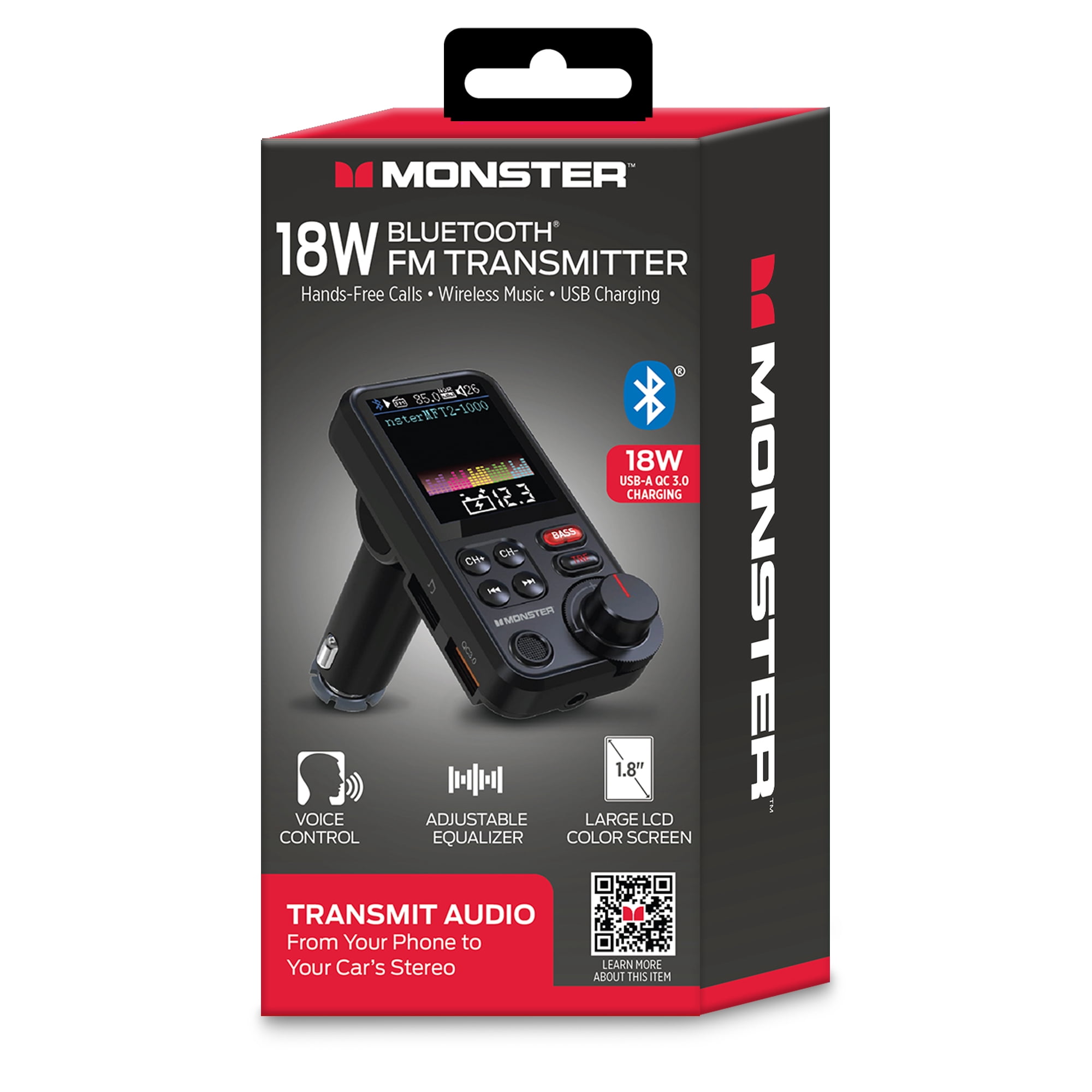 Monster 18W Bluetooth FM Transmitter with QC 3.0 Fast Charging, Hands-Free Calls, Adjustable Equalizer, Large LCD Color Screen, USB/SD/Aux Audio Playback