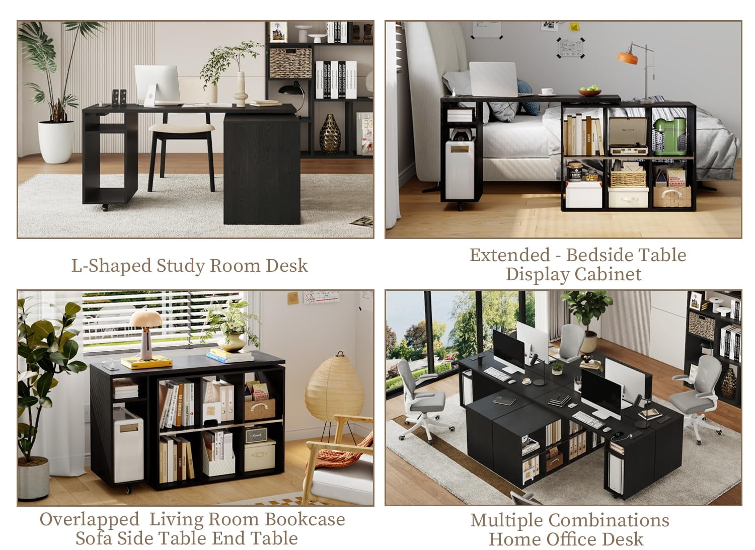BOSHIRO L-Shaped Rotating Desk with Power Outlets, USB Ports & 6 Storage Shelves, 360° Swivel Computer Desk with Bookshelf for Home Office, Bedroom or Study (Black)