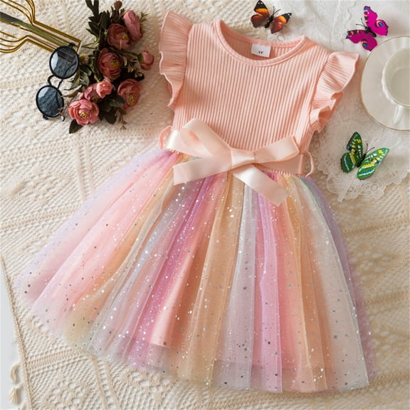 Tutu-Dresses for Girls Layered-Tulle Size 1-6 Cute Ruffle Sleeveless Crewneck Bowknot High Waisted A-Line Gradient Printed Birthday Dress