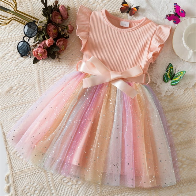 Offre à Durée Limitée Iumwxz Tunique en Tulle Colorée Robe d'Été avec Ceinture Robes Col Rond Bloc de Couleur Graphique Manches à Volants Robe pour Adolescentes Robes Tendance pour Faire du Magasinage 1-6 Ans