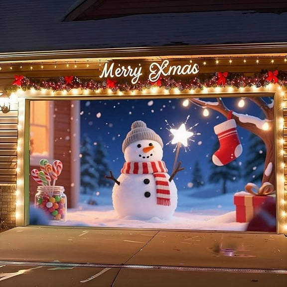 LIORAGLJ 7x8FT Christmas Garage Door Cover Large Banner Outdoor Festive Wall Decor Application