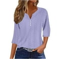 thumbnail image 2 of Fall 3/4 Sleeve Henley Shirt for Women Fashion V-Neck Buttons Blouse Loose fit Hollow Out Comfy Pullover Breathable Solid Color Tunic Tops Purple,S, 2 of 5