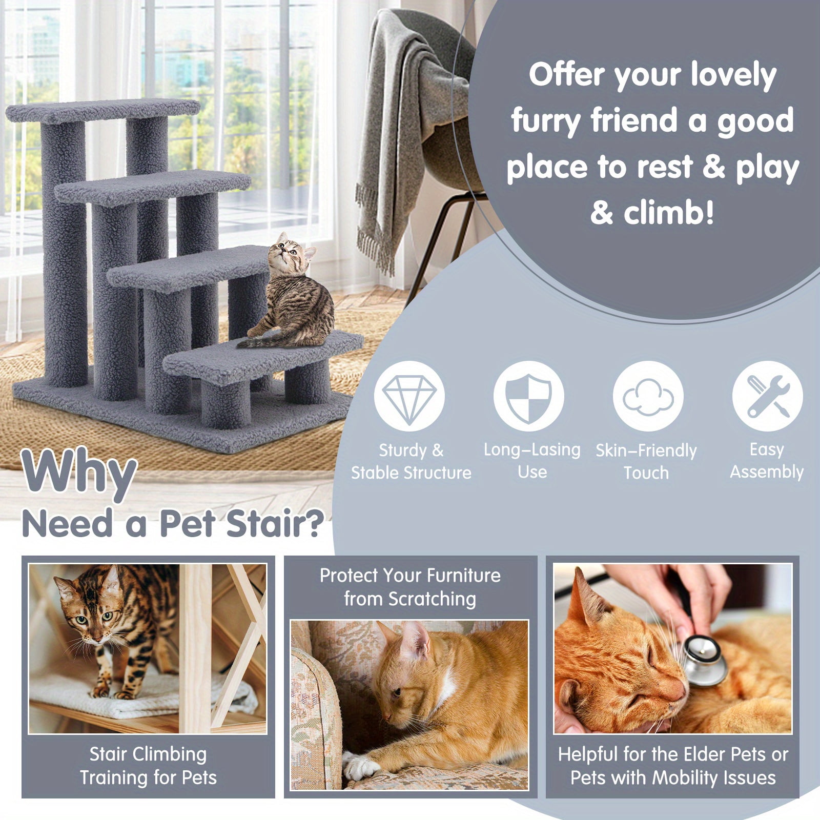 FANRUINA 24" 4-Step Pet Stairs Carpeted Ladder Ramp 8 Scratching Post  Tree Climber