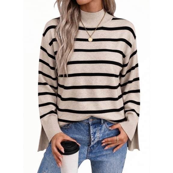 DOKOTOO Pullover Sweaters for Women Casual Loose Long Sleeve Mock Neck Ribbed Jumper Sweaters Chunky Knit Baggy Fall Striped Sweater Top Size Large US12-14