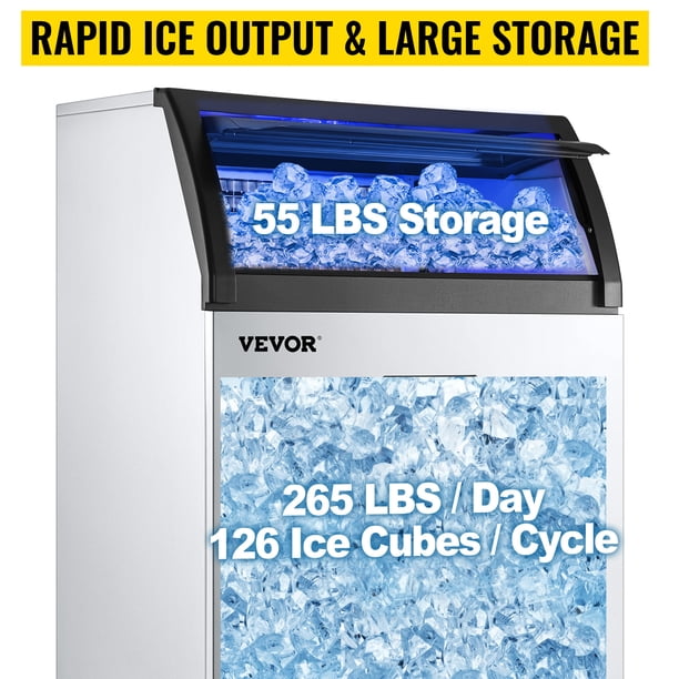 Máquina para hacer hielo comercial VEVOR de 110 V, 265 libras/24 horas, máquina de hielo de acero inoxidable de 750 W con capacidad de almacenamiento de 55 libras, 126 cubitos de hielo listos