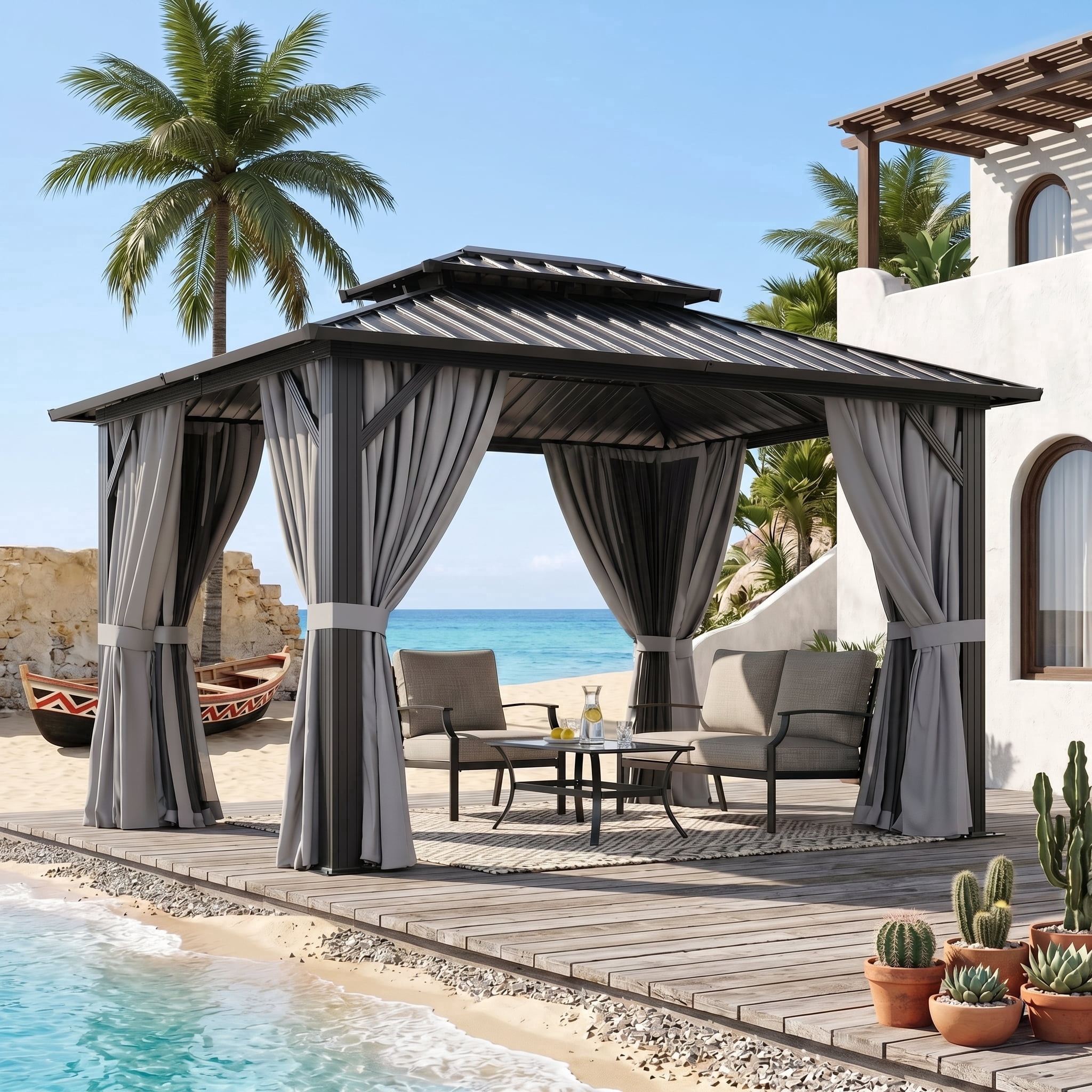 Mellcom 13'x11' Hardtop Cedar Wood Gazebo, Outdoor with Curtains