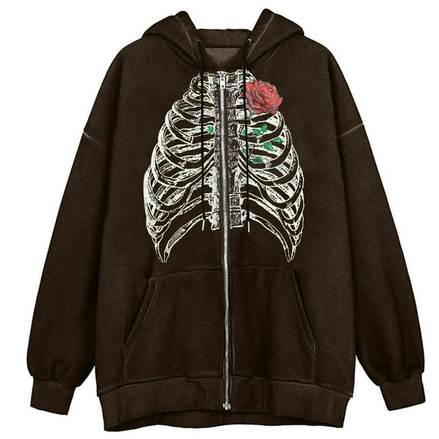 MesaSe Womens Skeleton Zip Up Hoodies Rhinestone Graphic Oversized Pullovers Sweatshirt Goth Jacket With Pockets