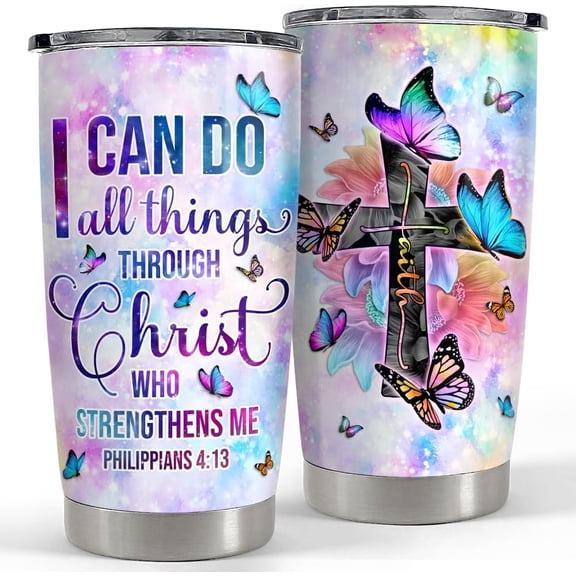 Christian Tumbler 20oz I Can Do All Things Christ Tumblers Cup Bible Verse Coffee Travel Mug Inspirational Religious Gifts for Women Gift for Birthday Christmas