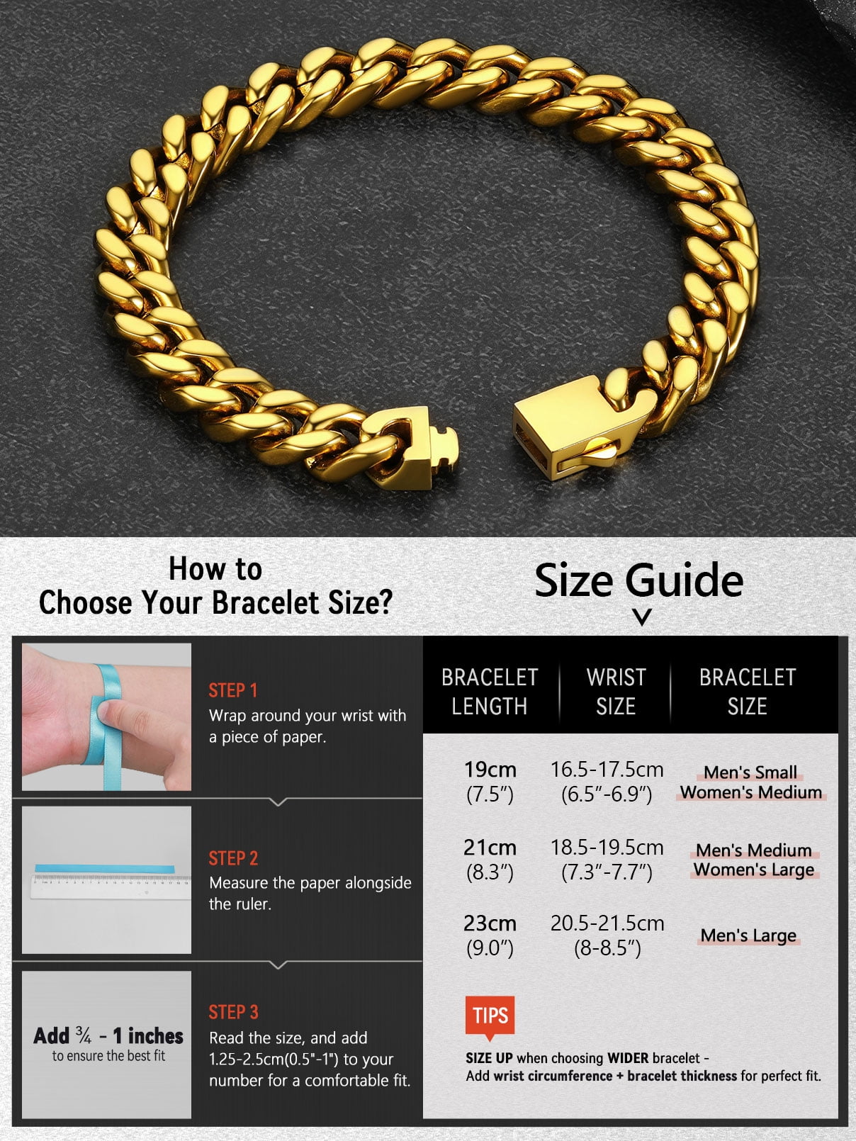 FaithHeart Cuban Link Chain Bracelets for Men, Gold Plated Stainless Steel Chain Wrist Bracelets Hip Hop Jewelry Gifts for Brother Friends 7MM Width