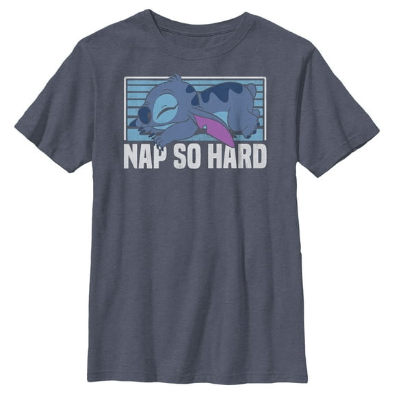 Boy's Lilo & Stitch Nap So Hard Distressed Stitch  Graphic Tee Navy Blue Heather X Large