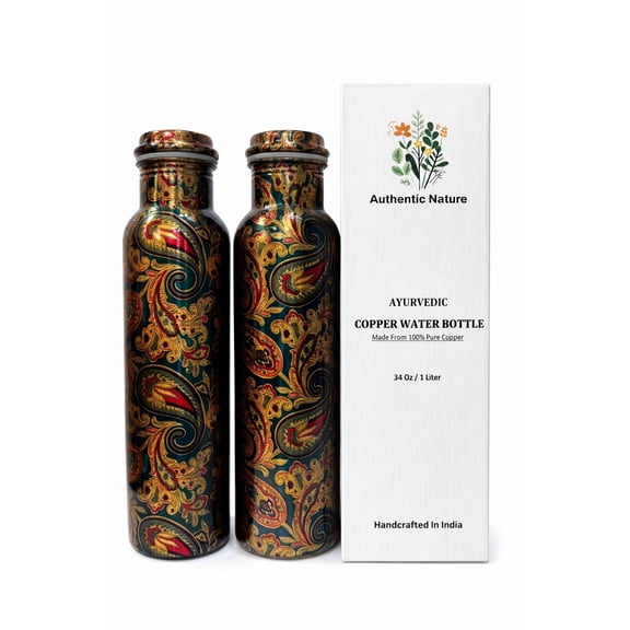 Authentic Nature Ayurvedic Copper Water Bottle, Pure Copper, 1 Litre/34 Oz, Multicolor Designer, With Health Benefits, Handcrafted in India (Pack of 2 Bottles)