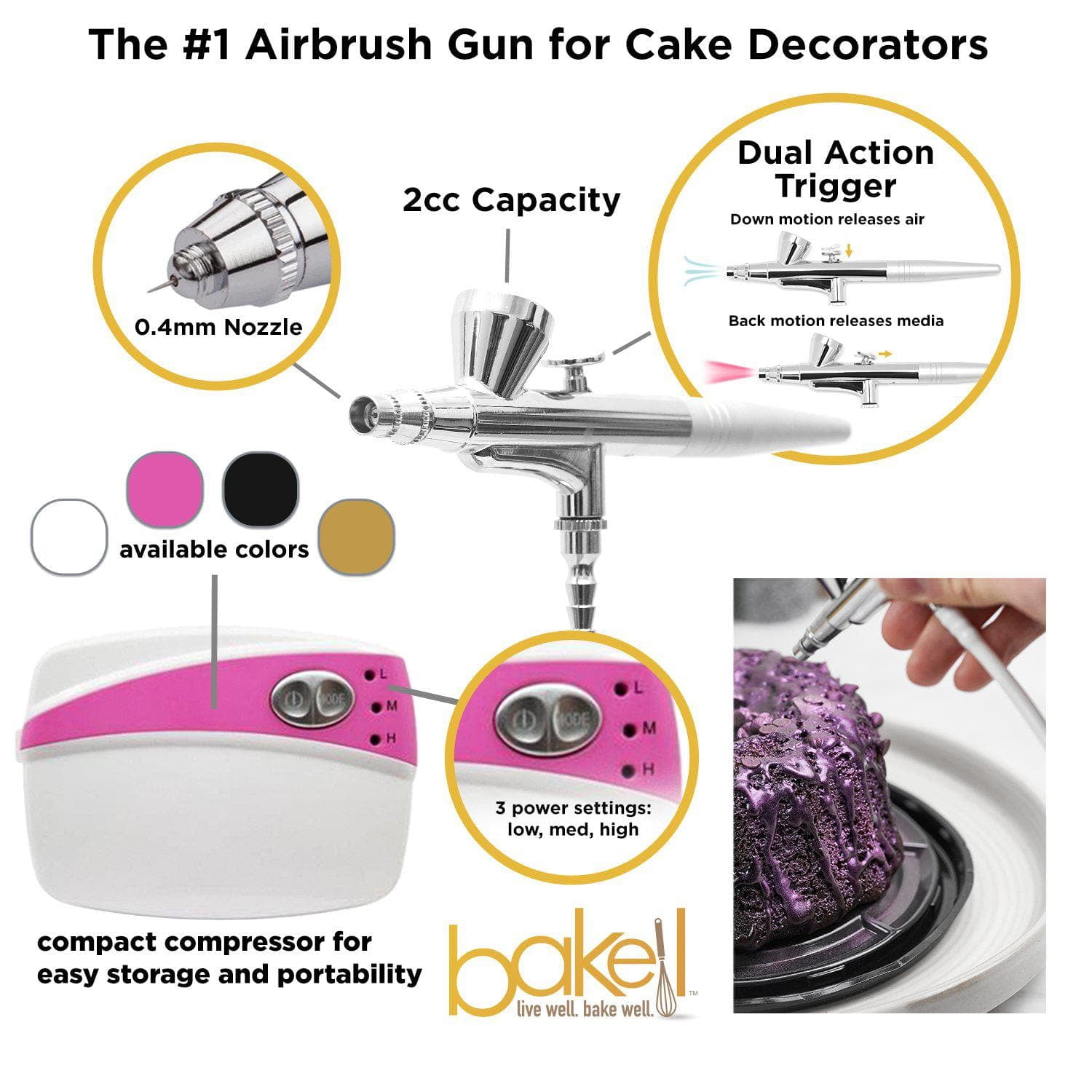 Bakell - Professional Series Airbrush Gun Kit (PINK Edition) Including Four, 4g Jars of Luster Dust for Cake Decorating, Art and Crafting!