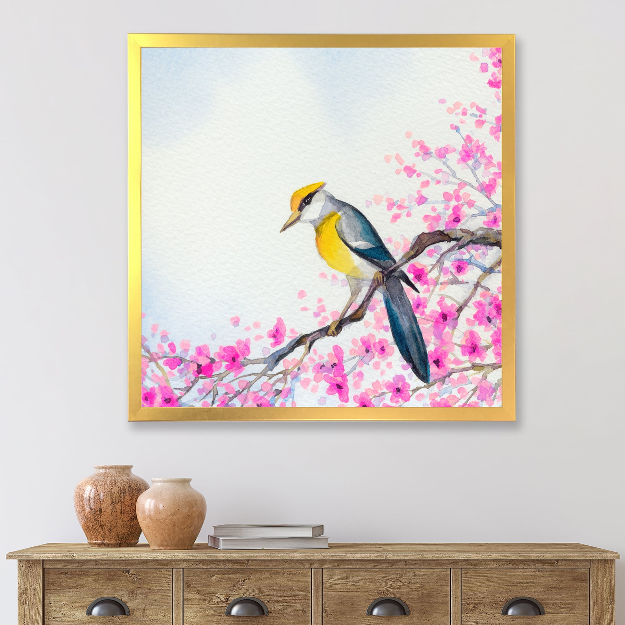Beautiful Bird Sitting On Flowering Branch 16 in x 16 in Framed Painting Canvas Art Print, by Designart
