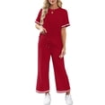 thumbnail image 6 of GIPQJK Two Piece Sets for Women Short Sleeve Crew Neck Casual Top Drawstring Striped Baggy Pants Vacation Solid Color Outfits,Red S, 6 of 6