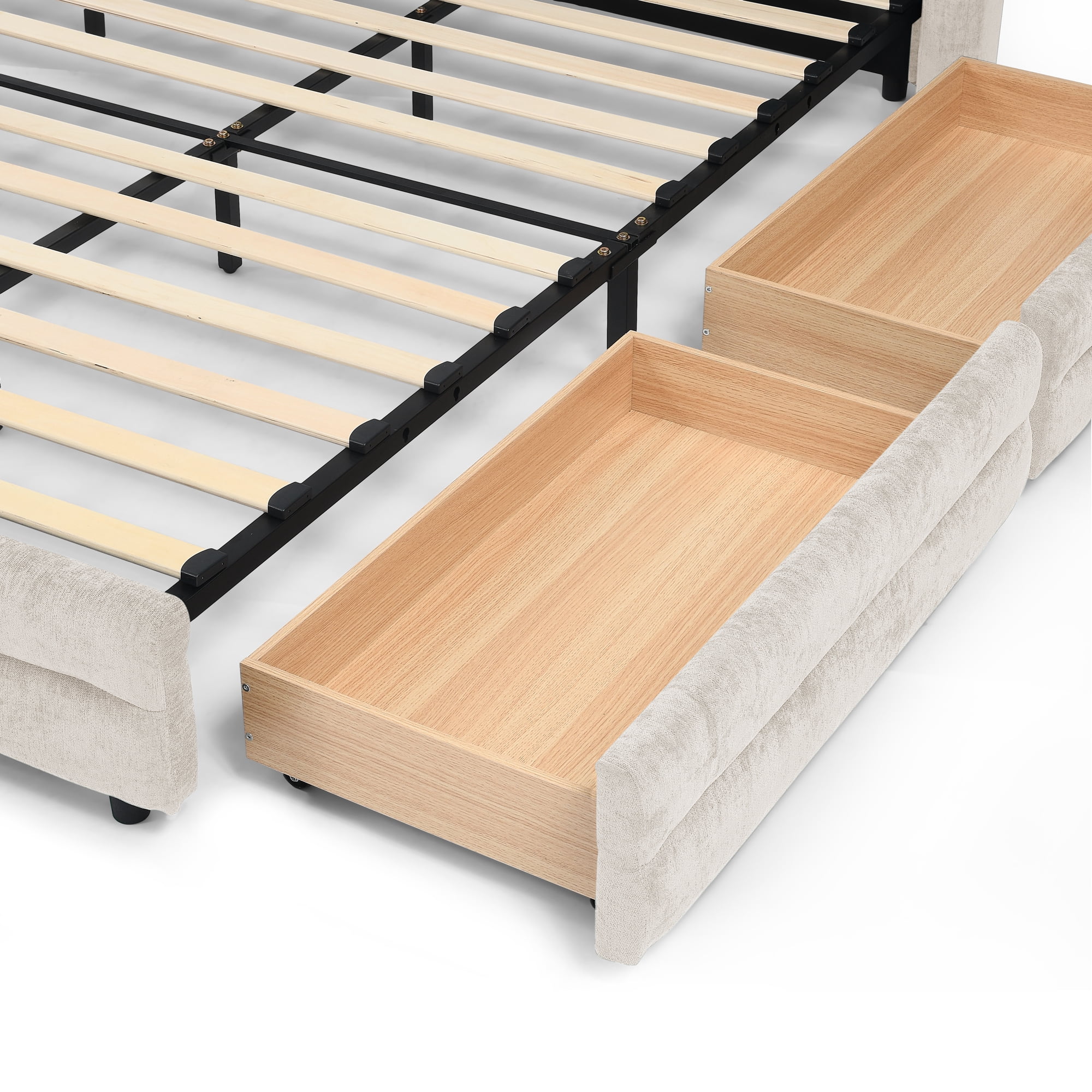 Modern Beige Wood Frame Queen Size Platform Bed, Queen Chenille Upholstered Platform Bed with Headboard & 4 Drawers