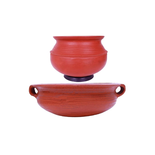 Pre Seasoned Earthen Clay Handi + Kadai Pots Combo For Cooking - Red, 3 + 2 Liters