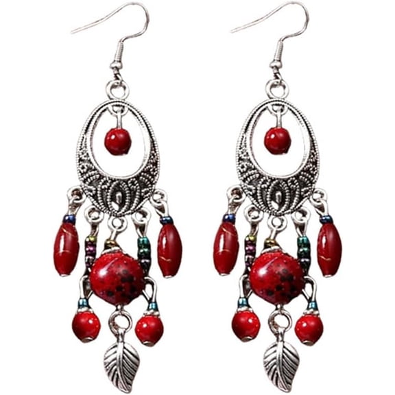 Bohemian Oval Turquoise Drop Dangle Earrings for Women Silver Plated Long Blue Red Seed Beaded Tassel Statement Dangling Earring Lightweight Boho Link Fish Hook Vintage Native Ethnic Jewelry