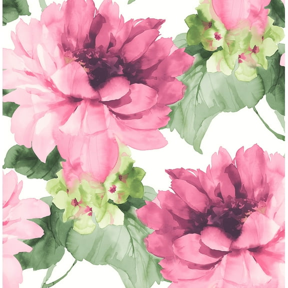 NextWall Harry & Grace Watercolor Floral Peel and Stick Wallpaper 20.5 in. W x 18 ft. L - Cerise Pink & Evergreen