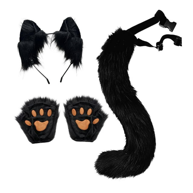 Conjunto de orejas y cola de gato y zorro, diadema para disfrazarse, fiesta o actuación. Negro