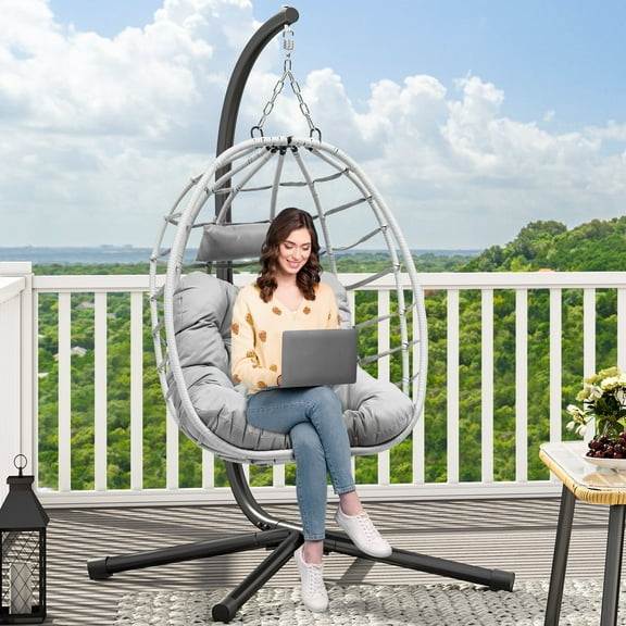 Dextrus Egg Chair Swing Hanging Outdoor Wicker Hammock Chairs Indoor with Steel Stand UV Resistant Cushion 330lbs for Patio, Bedroom, Garden and Balcony - Gray