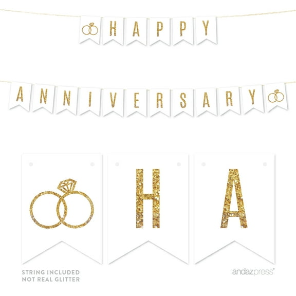 Happy Anniversary! Gold Glitter Wedding Pennant Party Banner