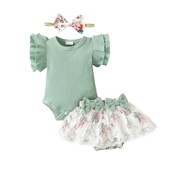 KIMI BEAR Newborn Baby Girls Summer Clothes Sets 0-3 Months Outifts Ruffle Short Sleeves Bodysuit Top Bowknot Floral Tulle Dress with Headband 3pcs Skirt Set 3pcs Green