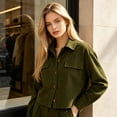 thumbnail image 6 of CBASIHI Womens Cropped Corduroy Jackets- Casual Vintage Lightweight Classic Collar Long Sleeve Loose Fit Button Down Shackets Army Green Size S, 6 of 8