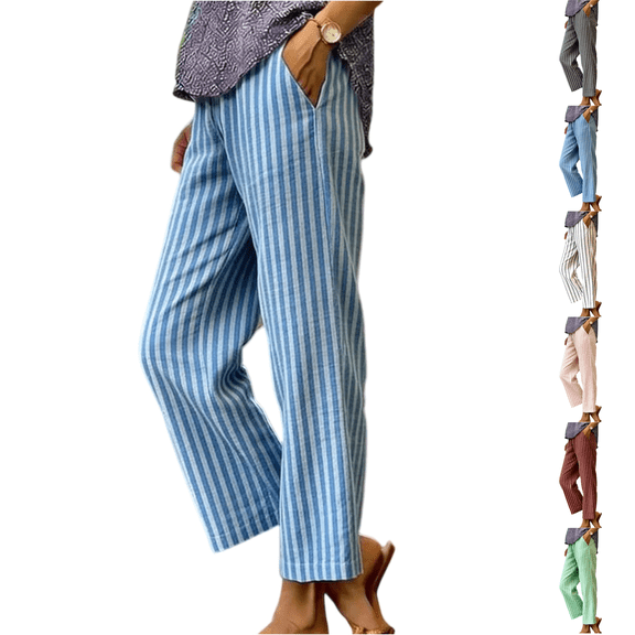 Womens Cotton Linen Pants 2026 Summer Elastic Waist Striped Straight Leg Casual Trousers Light Blue M