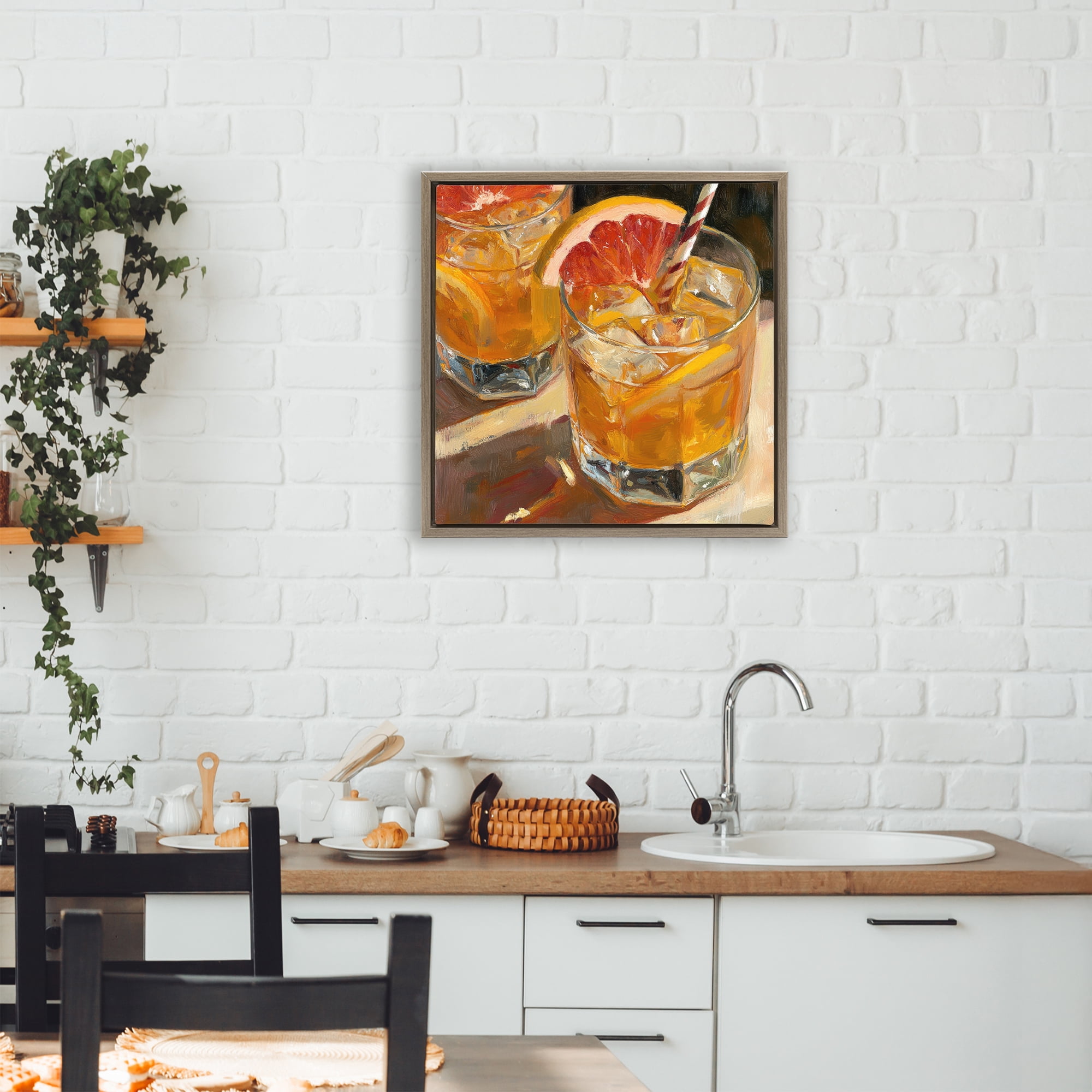 Stupell Industries Grapefruit Cocktail with Ice Cubes Brown Framed Floater Canvas Wall Art, design by Petal Prints Design