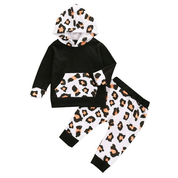 DXOUPM Clothes for Kids Kids Girls Leopard Clothes Long Sleeve Sweatshirt Hoodie Sweatshirt Baby Elastic Pants 2Pcs Fall Winter Outfits Set Black 90