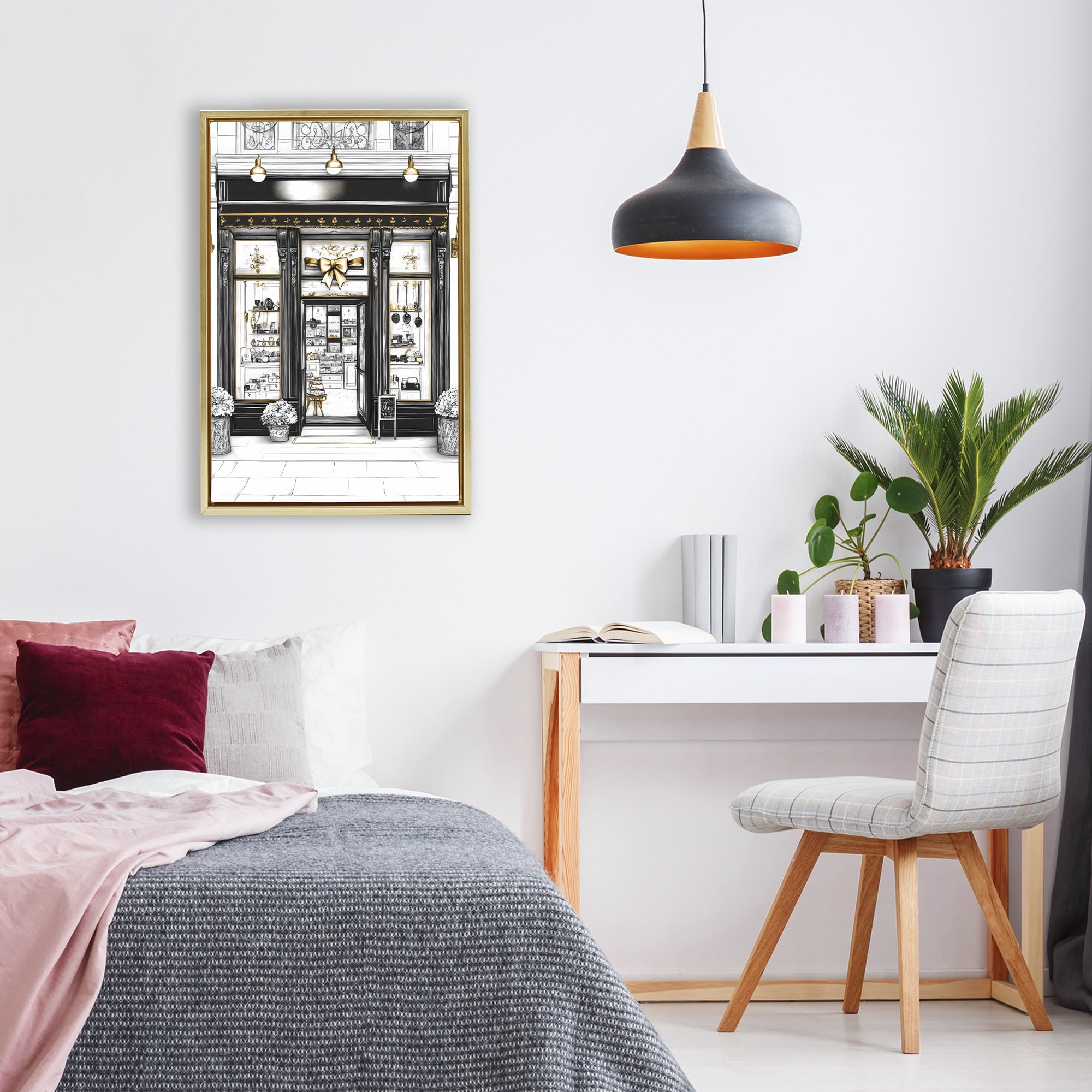 Stupell Industries Glam Paris Shop Facade Gold Framed Floater Canvas Wall Art, design by Petal Prints Design
