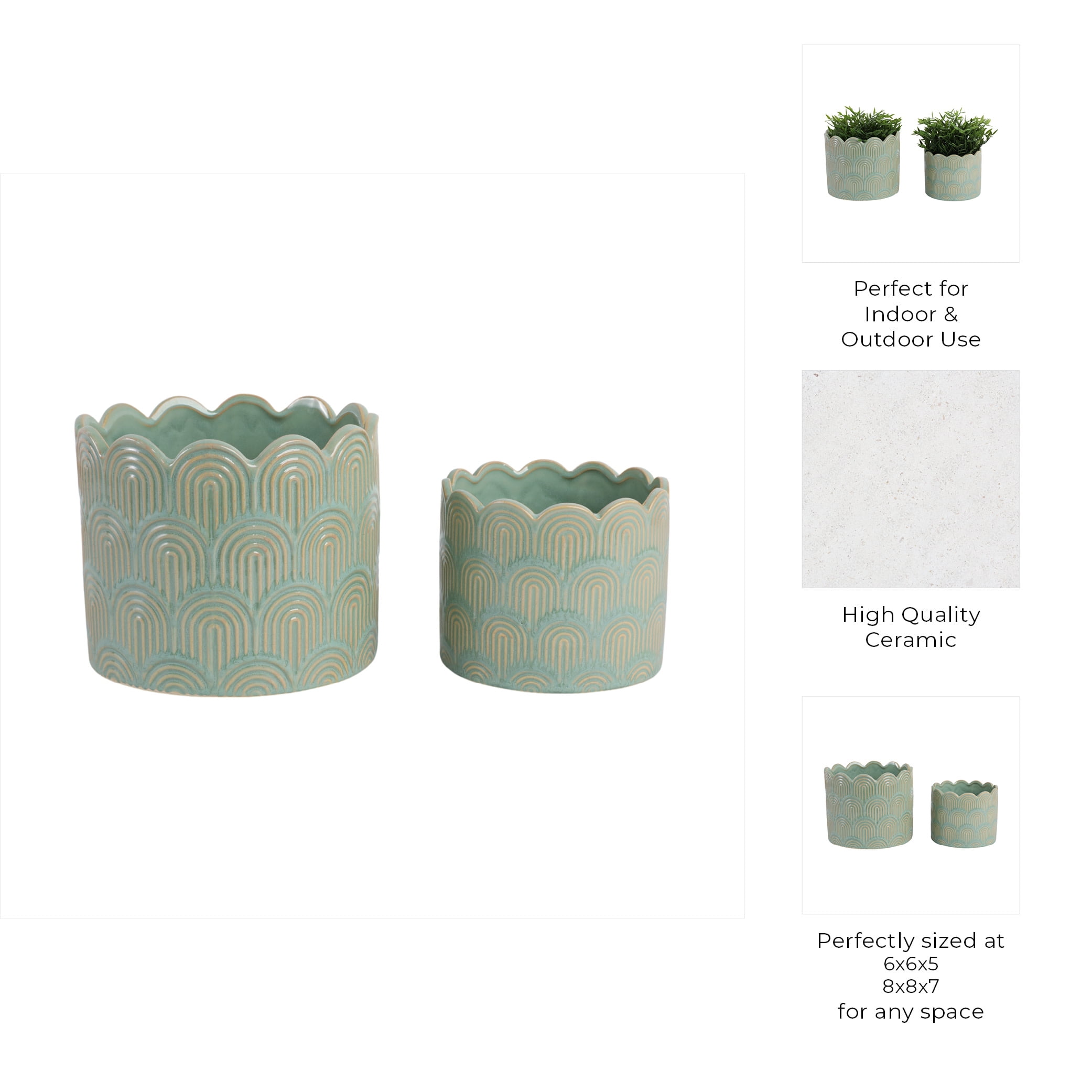 Ceramic Flower Pots and Planters for Home Decor - Indoor or Outdoor Plant Pots for Succulents, Herbs, and Orchids - Decorative Pots for Living Room, Bedroom, or Office Set of 2 - 7", 5" Green