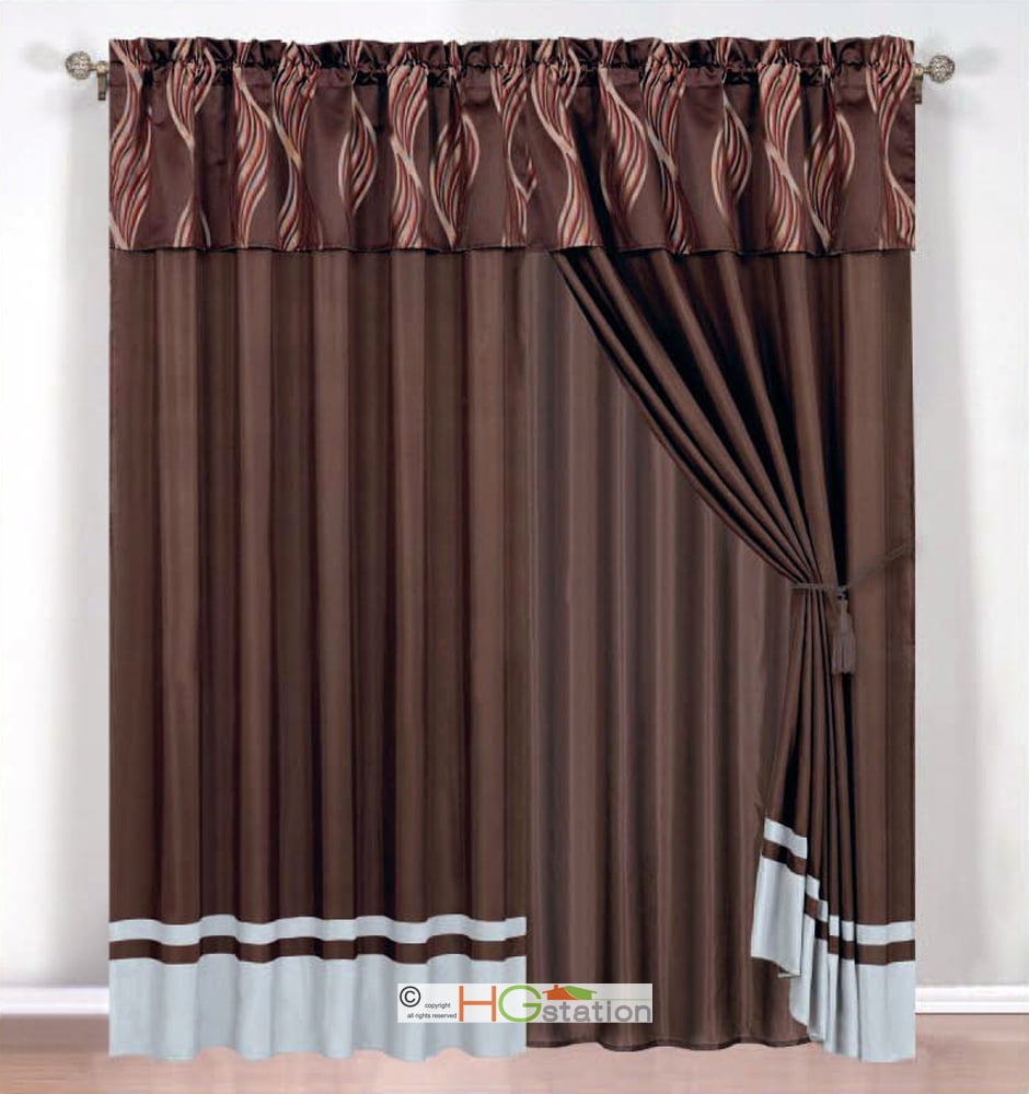 4 Pc Leaf Ribbon Swirl Scribble Jacquard Curtain Set Brown Gray Rust Valance Liner D Tieback Com 4 Pc Leaf Ribbon Swirl Scribble, Chocolate Brown And Gray Curtains